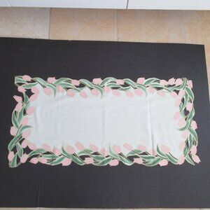 Vintage & New Table Runner Piano Dresser Painted Fabric Tulip Flowers Leaves